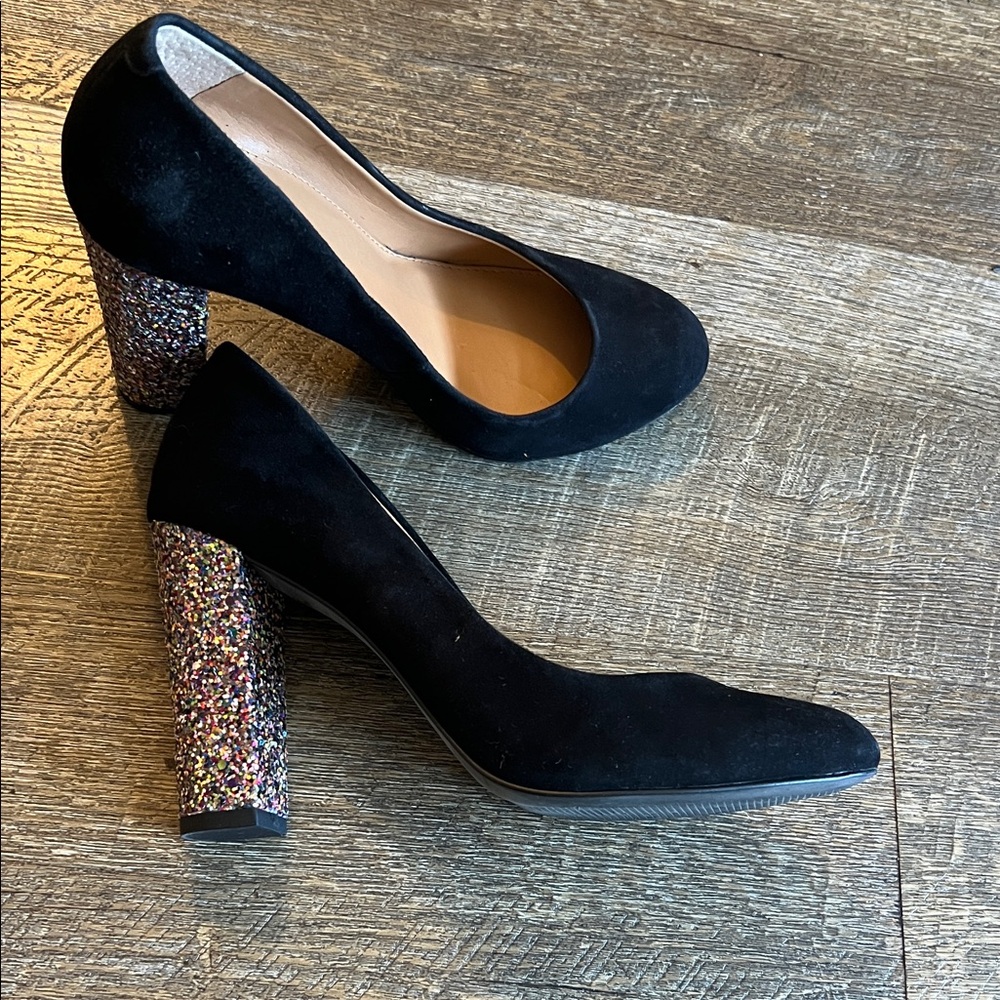 J. Crew Black Suede Pumps With Multi Coloured Glitter Heels